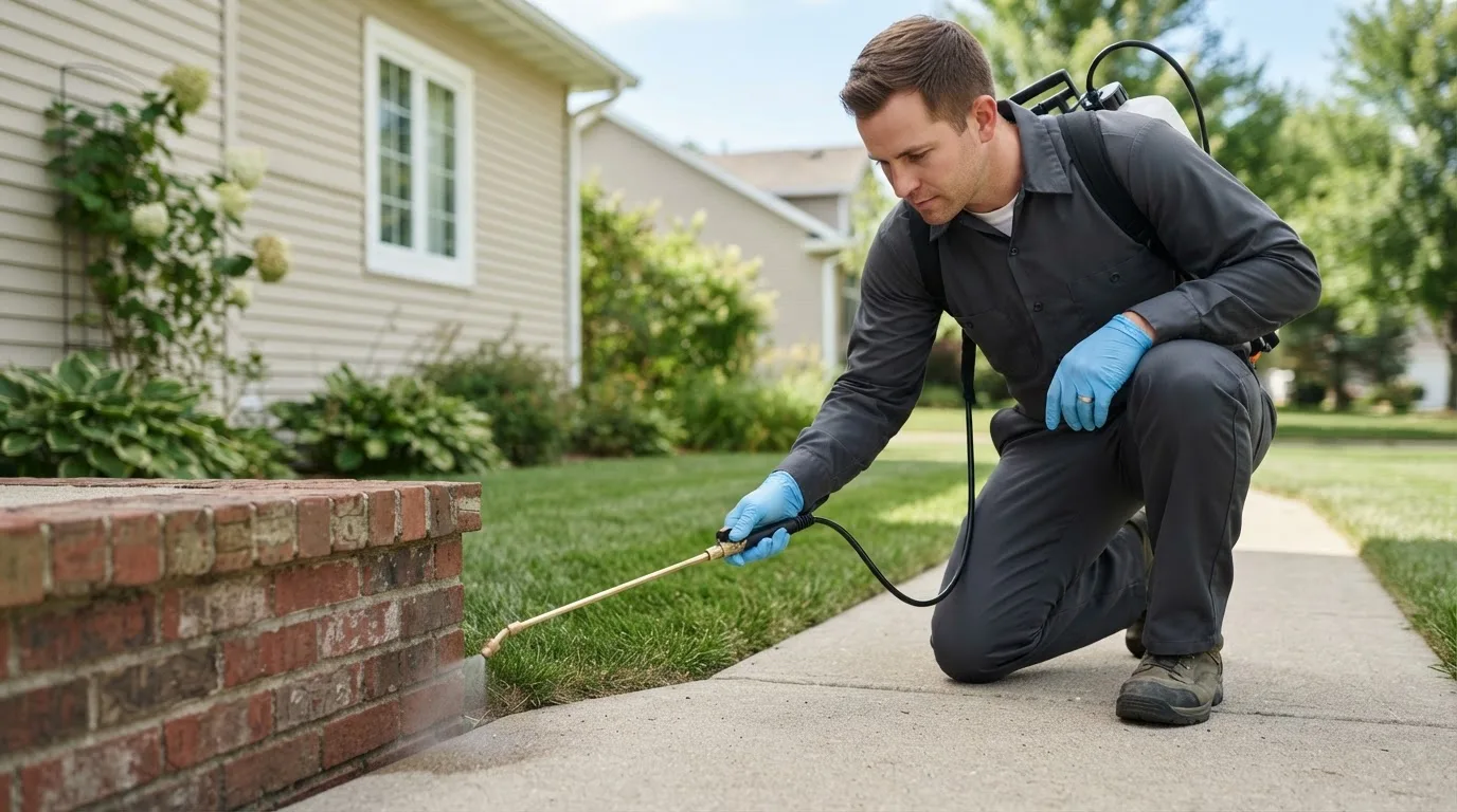 Pest control technician treating a home near Sheffield, AL